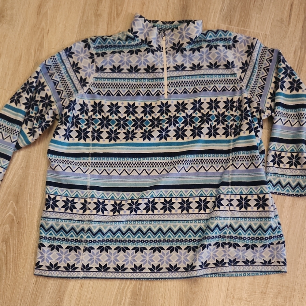 Woman Within Blue and Teal Patterned Quarter Zip Fleece Sweater